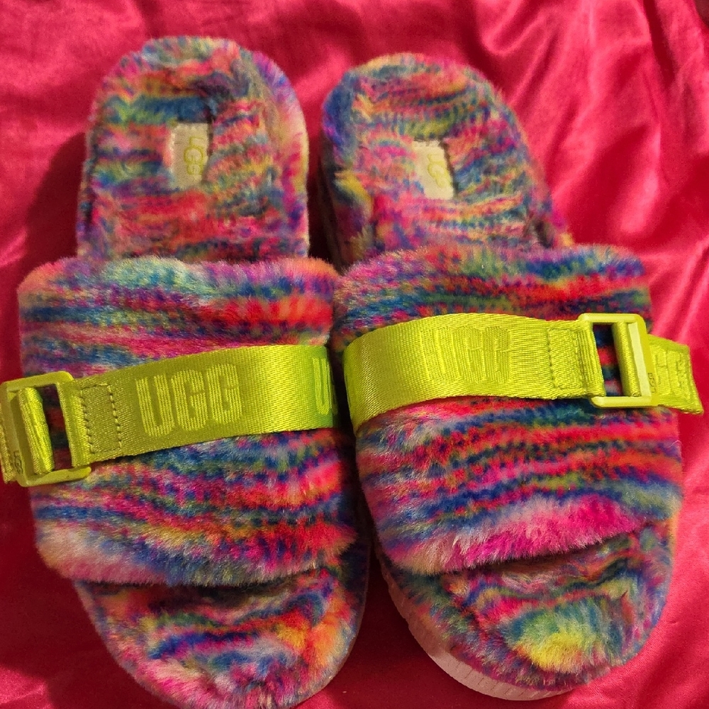 UGG Rainbow Fuzz Slide with Neon Green Strap